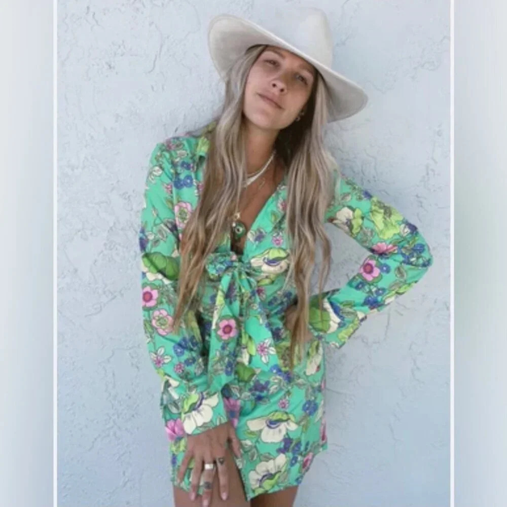Zara Satin Effect Floral Long Sleeve Mini Dress Green Blogger Fav Size XS - Picture 4 of 10